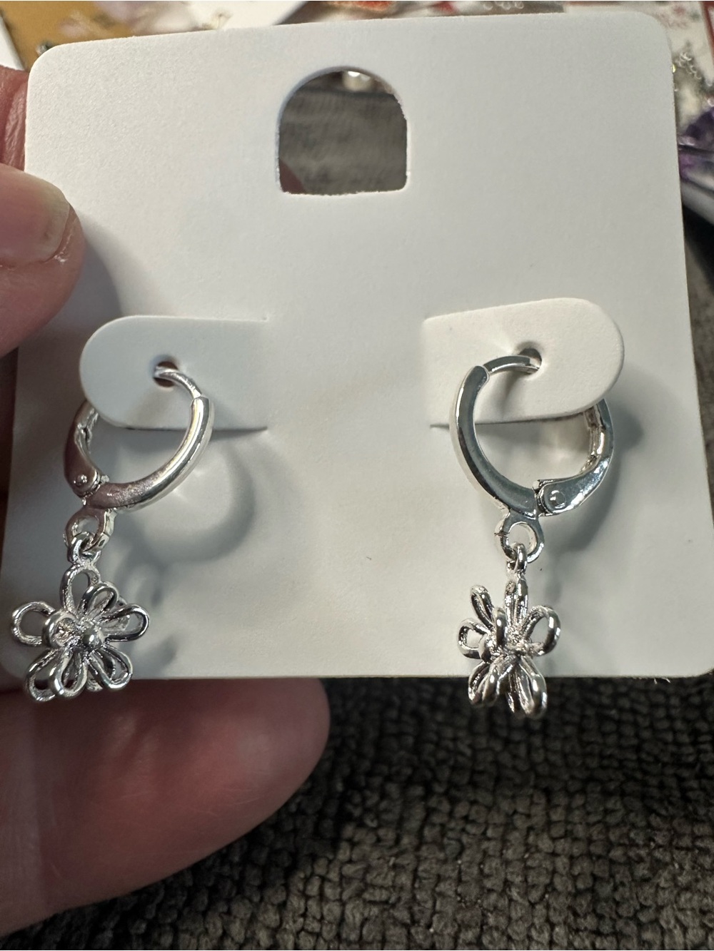 Silver Floral Huggie Earrings with Dangle Flower Charm